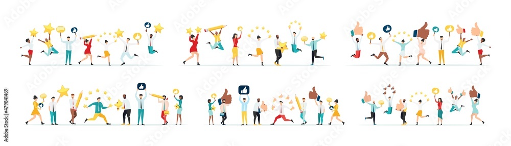 Customer feedback, testimonial. Online survey concept.Set . Group of people rating customer experience, writing review, leaving feedback. Client, user satisfaction. Isolated flat vector illustration