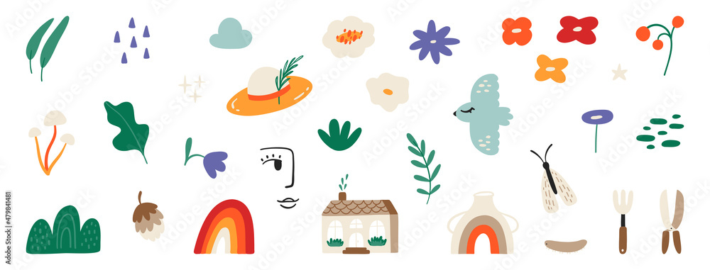Spring clipart. Abstract flowers, plants, bird, butterfly, rainbow, garden tools, house, face. Set of various spring elements in a simple flat style. Vector illustration isolated on white background