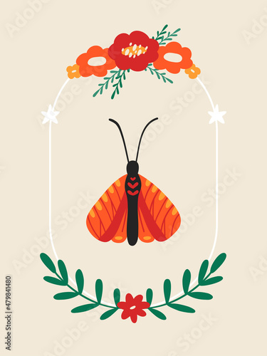 Spring card with a butterfly and flowers in a frame. Modern print for home decor, printed products, printing on clothes. Colorful Vector illustration. Vertical poster photo