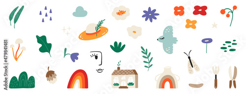 Spring clipart. Abstract flowers, plants, bird, butterfly, rainbow, garden tools, house, face. Set of various spring elements in a simple flat style. Vector illustration isolated on white background photo