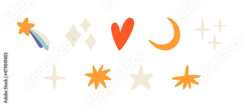 Vector is a set of different symbols - stars, heart, moon. Simple minimalistic elements isolated on a white background.