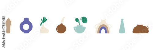 A set of various modern abstract vases and vessels. Minimalistic vases with plants. All elements are isolated