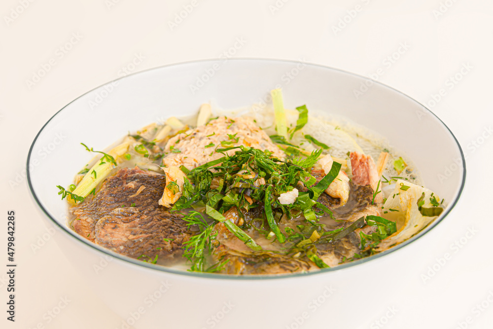 Bun ca ro dong, Vietnamese rice noodles and anbas fish soup, Vietnamese food isolated on white background, close-up Bun ca ro dong, Vietnamese rice noodles and anbas fish soup, Vietnamese food isolated on white background, close-up