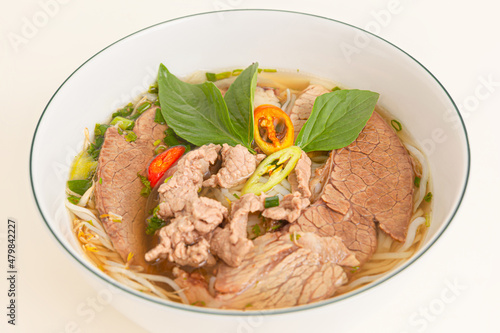 Pho, Vietnamese rice noodles soup, Vietnamese food isolated on white background, close-up