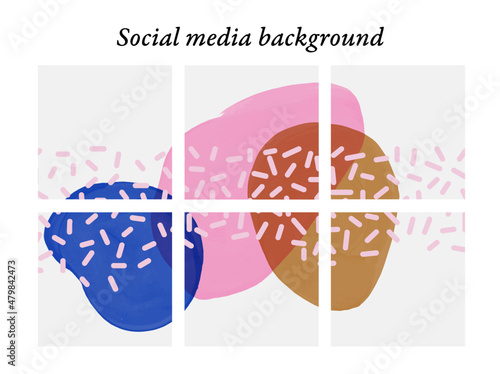 Plantillas de diseño para publicaciones en redes sociales de formas abstractas, manchas de pinceles en rosa, dorado y azul, con espacio para texto e imágenes