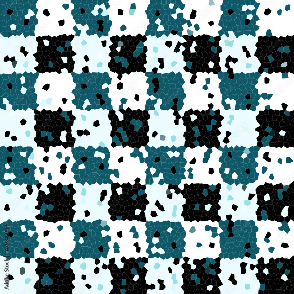 White and blue, black checkerboard mosaic. Abstract background.