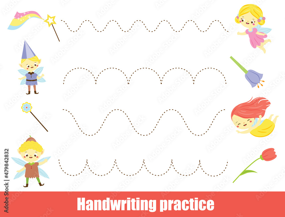 Handwriting practice sheet with cute flying fairy. Educational children  game. Tracing lines. early education worksheet for kids Stock Vector