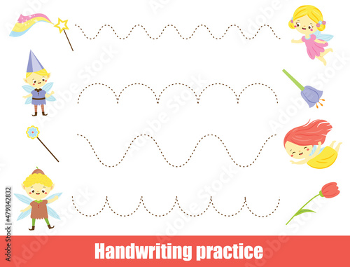 Handwriting practice sheet with cute flying fairy. Educational children game. Tracing lines. early education worksheet for kids photo