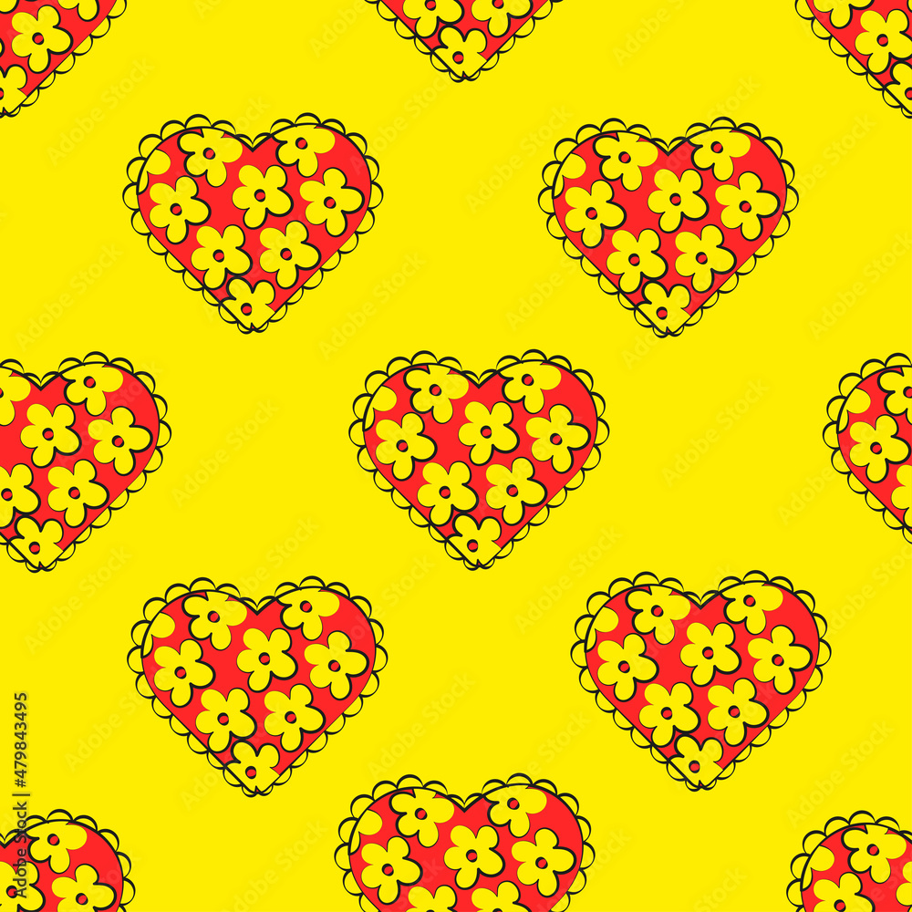 Fototapeta premium seamless pattern hearts on yellow background in groove style retro pattern on fabric
