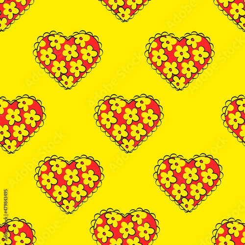 seamless pattern hearts on yellow background in groove style retro pattern on fabric