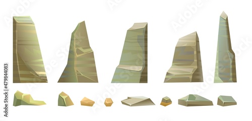 Set of stones, cliffs and rocks of landscape of southern countryside. Cool cartoon style. Isolated on white background. Vector
