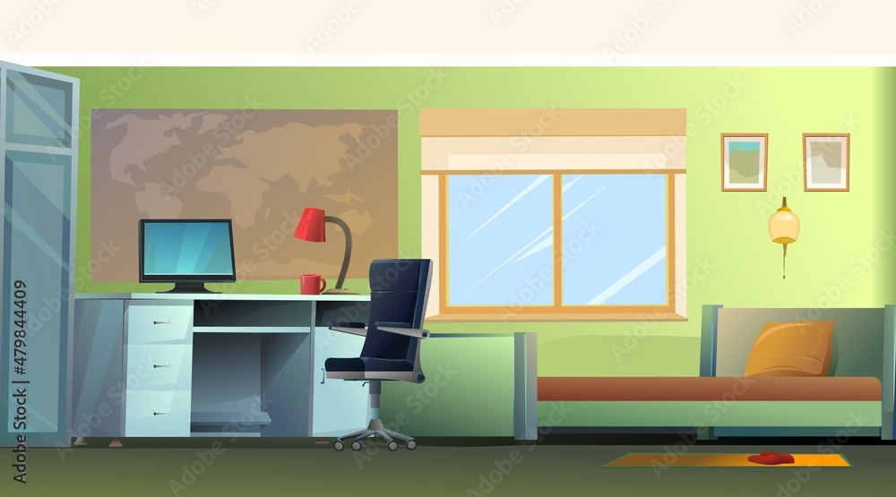 Bedroom interior with bed and computer table. Cozy room with furniture, windows and world map on wall. Nice cartoon style design. Vector Bedroom interior with bed and computer table. Cozy room with furniture, windows and world map on wall. Nice cartoon style design. Vector