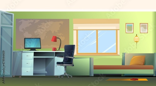 Bedroom interior with bed and computer table. Cozy room with furniture, windows and world map on wall. Nice cartoon style design. Vector