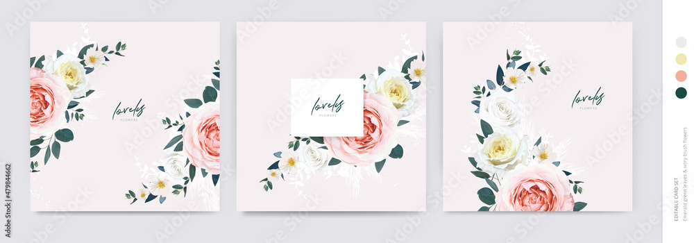 Vector, romantic wedding invite, save the date card, greeting template set. Editable watercolor floral illustration of pale pink, light yellow rose flowers, camellia, emerald eucalyptus leaves bouquet