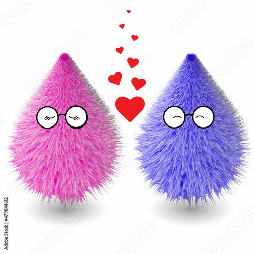 Cute hairy cartoons emoji design template. Furry fluffy hairy pink and blue monsters with hearts. Funny and realistic hairy cartoon design. Vector Illustration