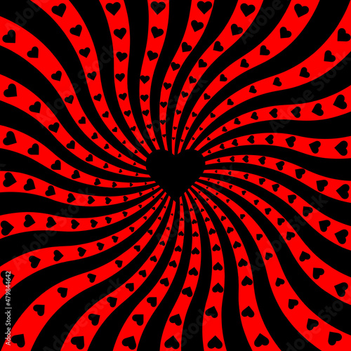 Red black radial starburst background with hearts.Abstract geometric wallpaper poster for advertising background or printing. Decorative template.Vector illustration