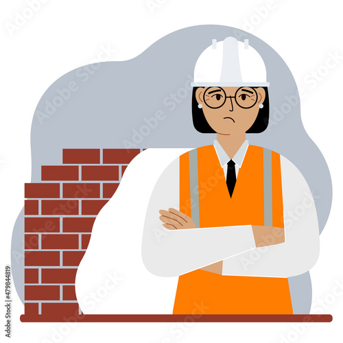 Sad woman construction worker in a white helmet and an orange vest. Engineer. Vector