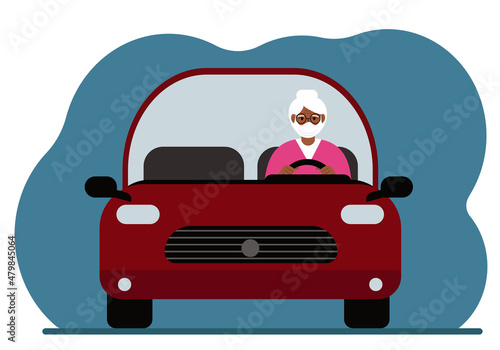 A pensioner woman with a medical mask is driving in a red car. Foreground. Vector