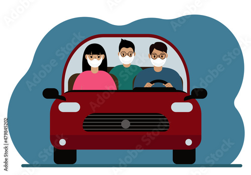 A man is driving a red car next to two passengers. Three people in the car, friends. Foreground. Vector