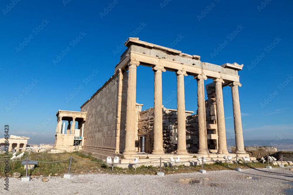 Athens, Greece. The Erechtheion, or Temple of Athena Polias, an ancient Greek Ionic temple-telesterion on the north side of the Acropolis