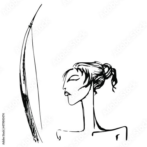 Ancient Greek goddess Artemis. Female archetype. Ancient wild huntress. Beautiful young woman with a bow. Hand drawn ink sketch. Black and white silhouette. Amazon warrior. Creative art.