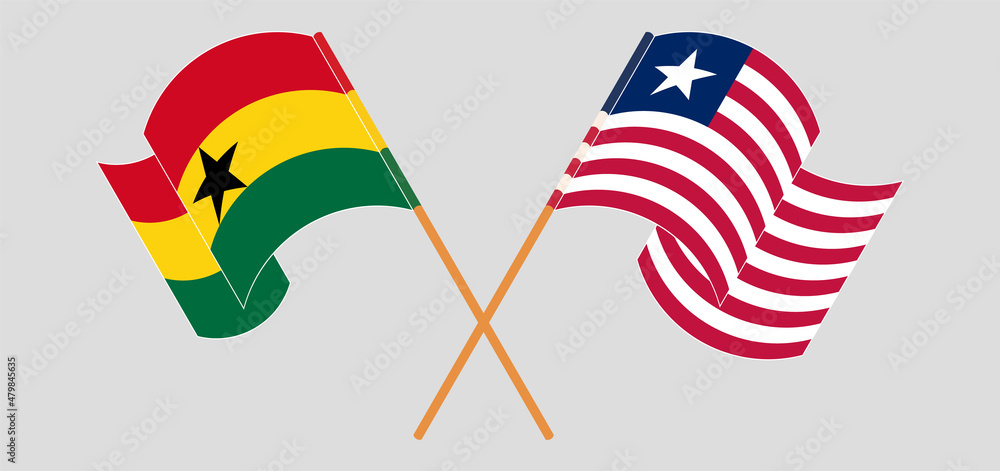 Crossed and waving flags of Ghana and Liberia Crossed and waving flags of Ghana and Liberia