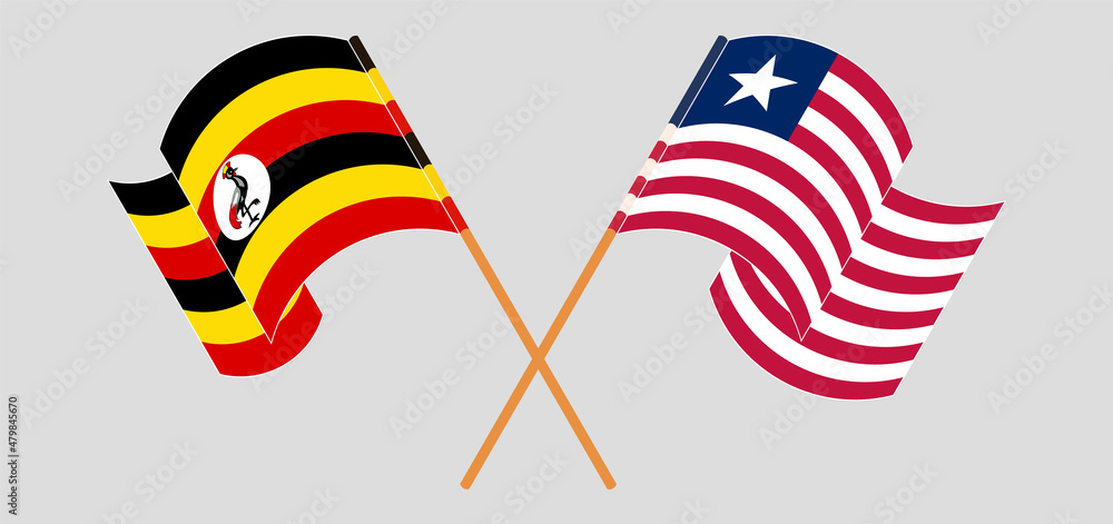 Crossed and waving flags of Uganda and Liberia Crossed and waving flags of Uganda and Liberia