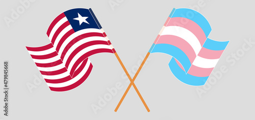 Crossed and waving flags of Liberia and Transgender Pride
