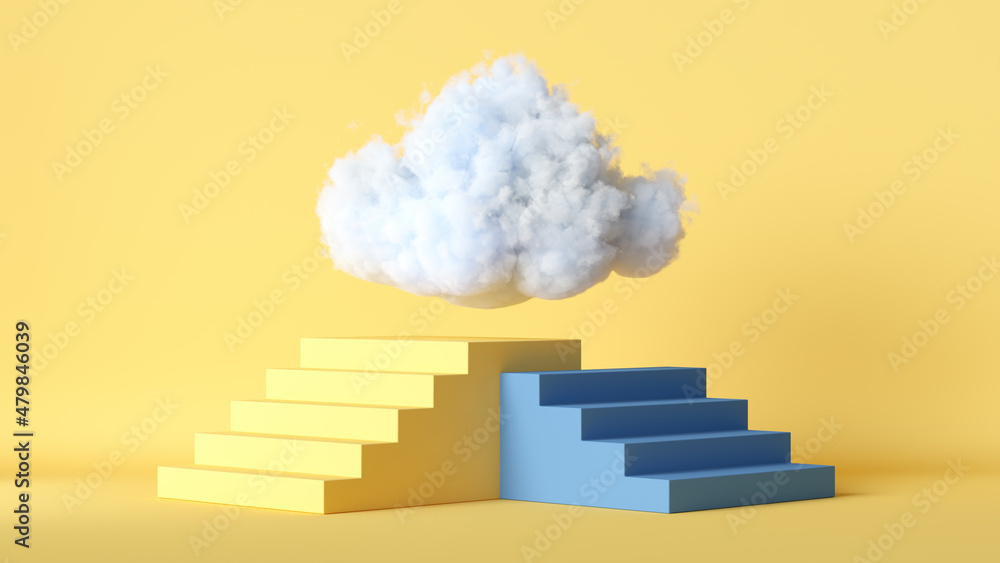 3d render, white cloud flies above the blue platform with steps, isolated on yellow background. Modern minimal scene. Abstract uniqueness metaphor