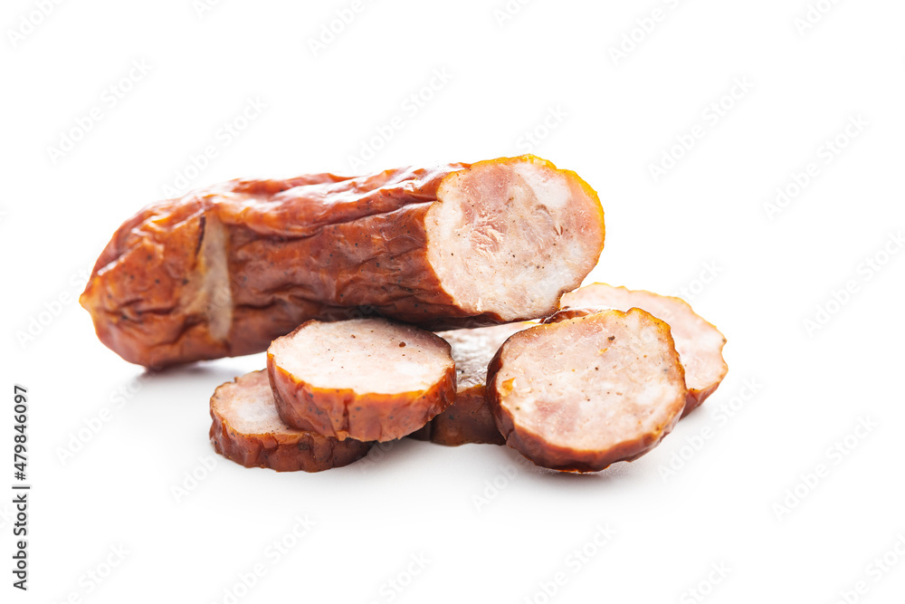 Smoked pork sausages. Sliced salami.