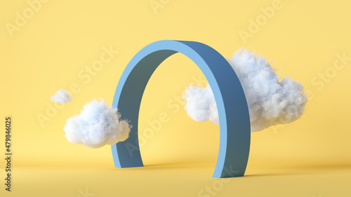 3d render, abstract yellow background with white clouds flying under the round blue arch. Modern minimal scene