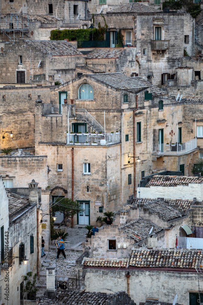  View of the Sassi di Matera a historic district in the city of Matera, well-known for their ancient cave dwellings. Basilicata. Italy