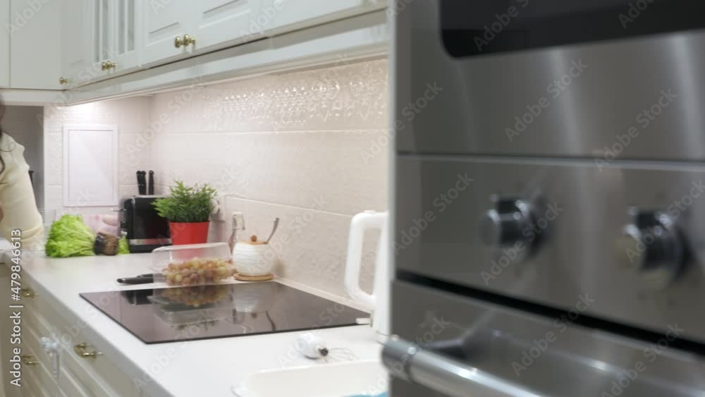 Woman cooking dinner in the kitchen. High quality 4k footage Woman cooking dinner in the kitchen. High quality 4k footage