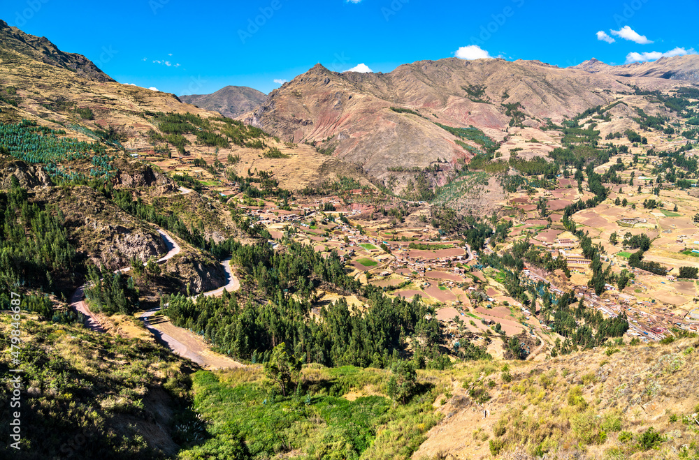 Aerial view of Pisac town near Cusco in Peru