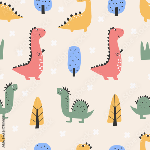 Cute dinosaur pattern - hand drawn childish dinosaur seamless pattern design. Vector illustration