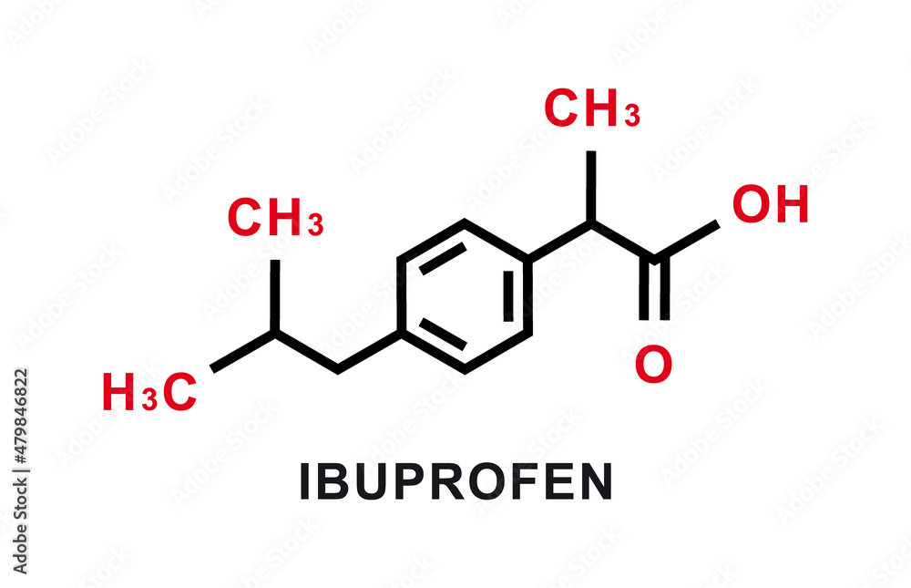 Ibuprofen chemical formula. Ibuprofen chemical molecular structure. Vector illustration Stock