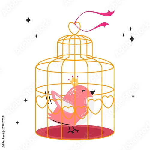 Cute little bird in the cage. Pink bird with a crown.