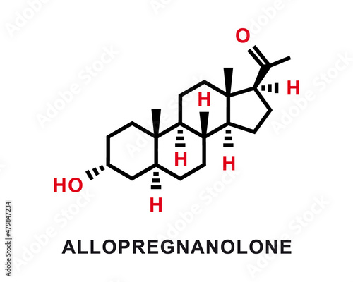 Allopregnanolone chemical formula. Allopregnanolone chemical molecular structure. Vector illustration
