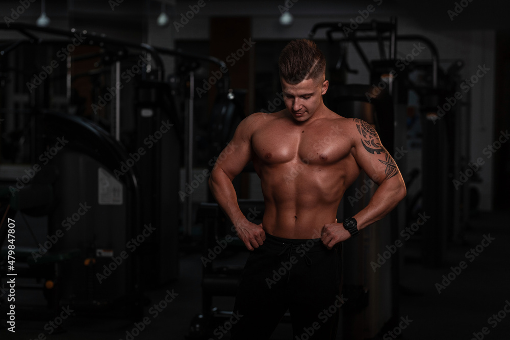 Bodybuilder handsome strong athletic rough man pumping up biceps muscles workout fitness and bodybuilding healthy concept background
