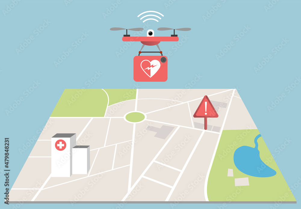 Saving time, a drone bringing a defibrillator to place of incident to assist person with sudden cardiac arrest. Map showing hospital and  accident position. - obrazy, fototapety, plakaty 