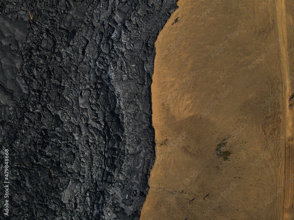 Aerial drone landscape of lava fields at Fagradalsfjall Volcano Iceland