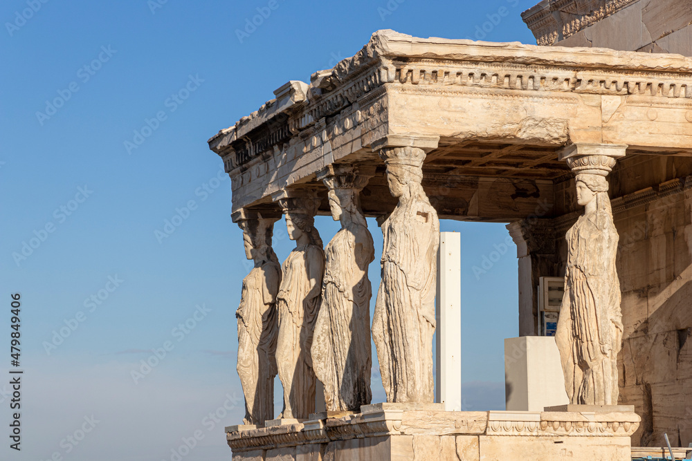 Athens, Greece. The Maiden porch of the Erechtheion temple in the Acropolis, with the sculptures known as Caryatids