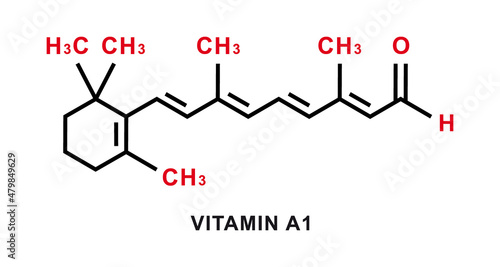 Vitamin A1 chemical formula. Vitamin A1 chemical molecular structure. Vector illustration