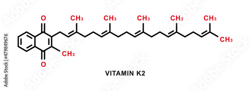 Vitamin K2 chemical formula. Vitamin K2 chemical molecular structure. Vector illustration