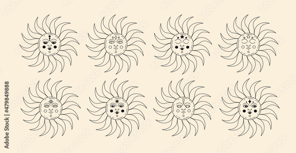 Celestial sun outline collection. Ethnic sky elements line isolated set. Different mystical solar symbols in contour design Celestial sun outline collection. Ethnic sky elements line isolated set. Different mystical solar symbols in contour design