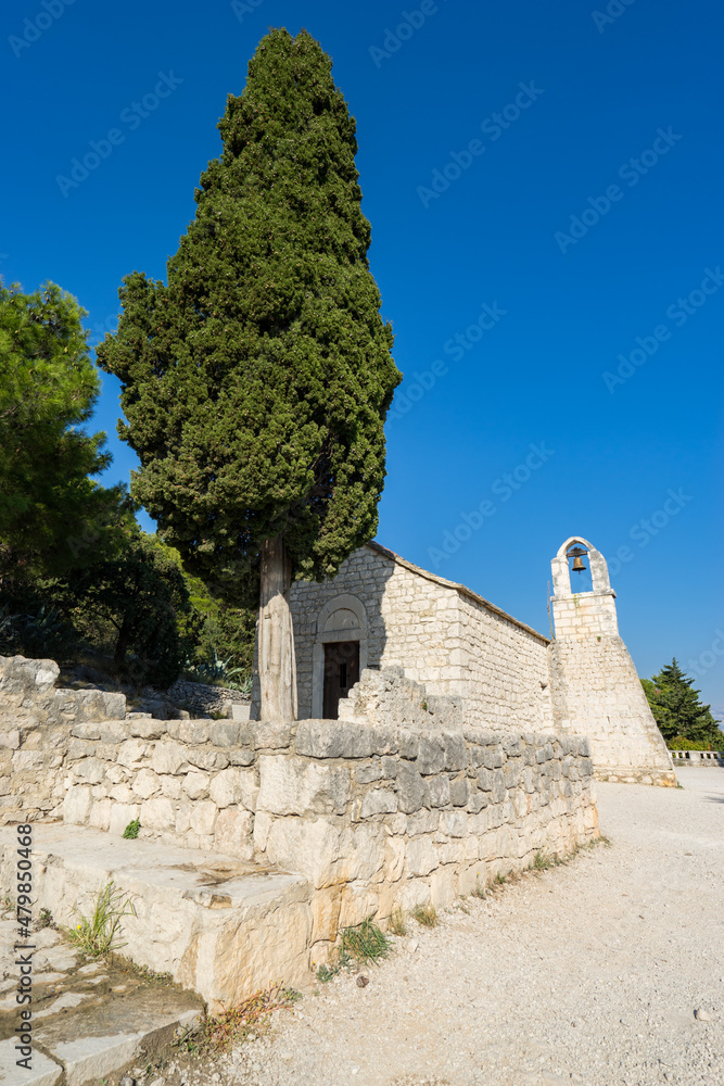 Vertical view of Church of St. Nickolas the Traveler in Marjan Park in Split, Croatia