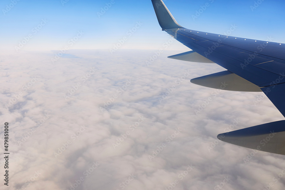 Obraz premium View to the wing of airplane in the sky. Travel and transportation concept