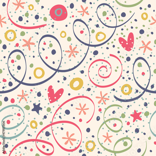 Seamless pattern with serpentine hearts and confetti on a light background. Great for printing, wrapping paper, textiles, valentine's day, mom's day, and more.