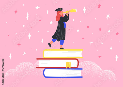 Search graduate jobs. Happy graduated girl in cap and gown staying on stack of books looks into telescope.  Professional education concept