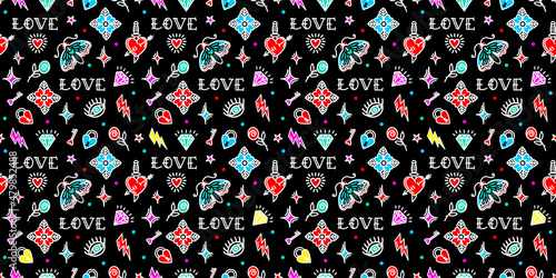  seamless pattern with love symbols in Old school tattoo style Design For Valentines Day